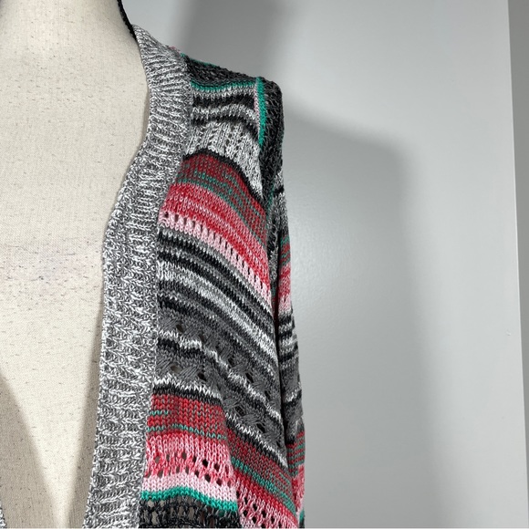Poof Red Gray Black Open Front Knit Fringe Boho Long Sleeve Cardigan Sweater S - Picture 4 of 11